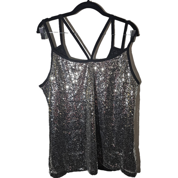 Silver Sequin Multistrap Long Tank Sz XL Sparkle New Years Holiday Stretch - Picture 3 of 10